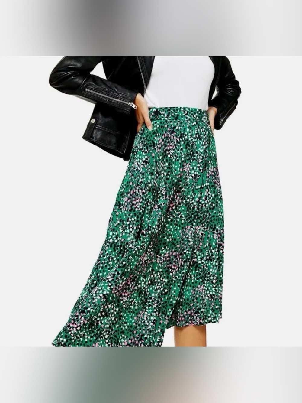 TOPSHOP Green Floral Pleated Asymmetric Skirt